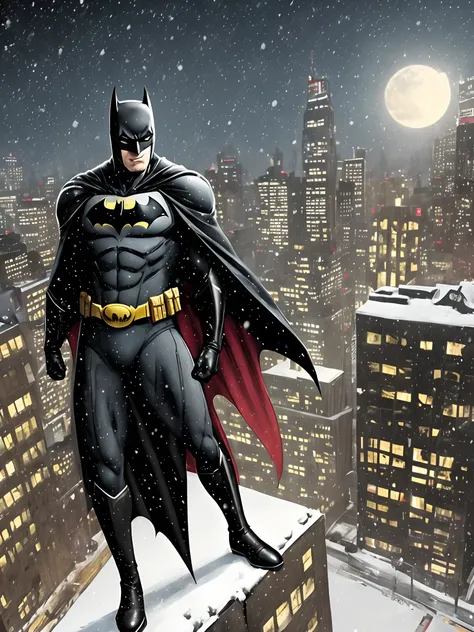 Natal a noite com neve, Batman on top of a building, Robert Peterson com roupa do batman, the batman no natal, fim de ano