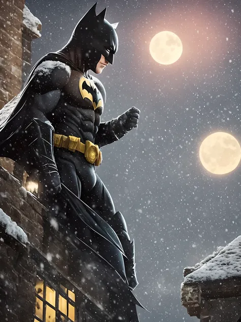 Natal a noite com neve, Batman on top of a building, Robert Peterson com roupa do batman, the batman no natal, fim de ano