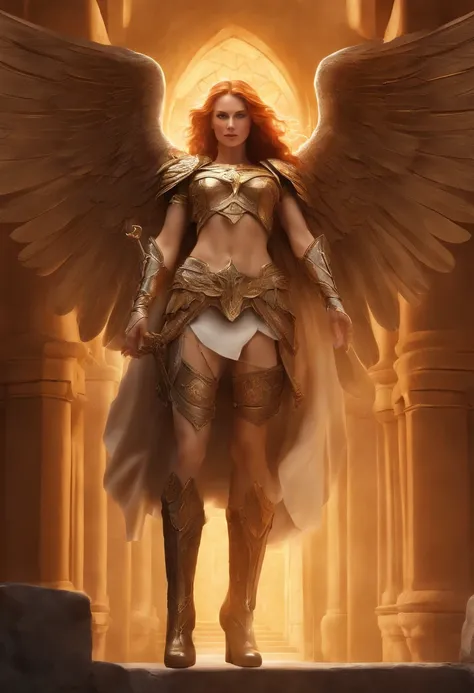 intricately detailed illustration of a holy Seraph, mystical glowy aura, celestial looking, (in a dungeon made of stones and bricks) long ginger hair strong winged woman, armor, backlit, front view, gorgeous muscular body, digital illustration, full body s...