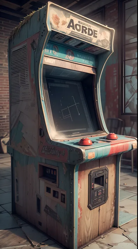 3D rendering of (Arcade in the middle of an empty house。), (Arcade consoles: 1.37), (Center), (Doomsday Town), (Shabby chairs, Fewer legs), There were cigarette butts all over the floor. Melon seed skin, garbage, Dirty, Tattered, Retro, Nostalgia, Doomsday...