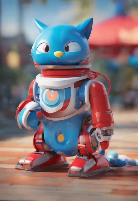 real robot, blue cat, red scarf、Doraemon