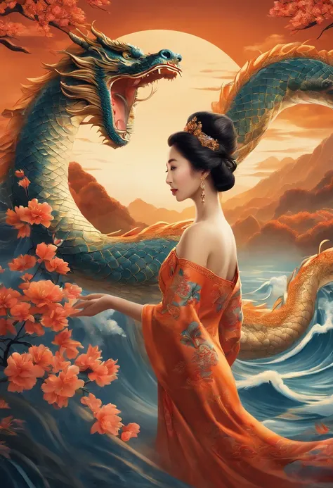 A Chinese woman and her dragon pets, bright lighting, flowering dress, intricate details, sharp focus, dynamic pose, complex background, fantasy landscape, light, intricate, filigree, clarity, dynamic lighting, clarity, high quality, sharp focus, realistic...