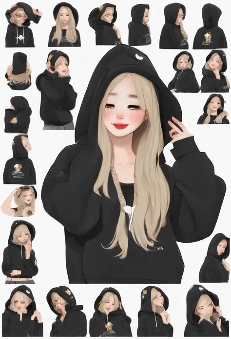 9 grids，9 emoji packs，Align 9 poses and facial expressions，

Oversized Hoodies，Short black hair、

1 cute girl、Disney  style，Disney style，

Different gestures and facial expressions（Grieving，wonderment，having fun，invigorating，great laughter，Touch your head，...