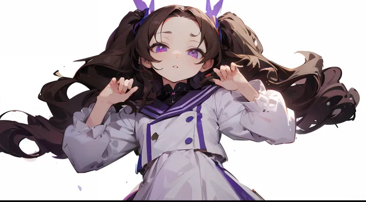 { forehead },wavy hair,long twintails hair, dark brown hair,a very cute and beautiful chibi anime girl,highly detailed face and eyes, clearly outlined, solo,light purple eye,Masterpiece,{ chibi }, forehead, from below,light purple regulation uniform,no bac...