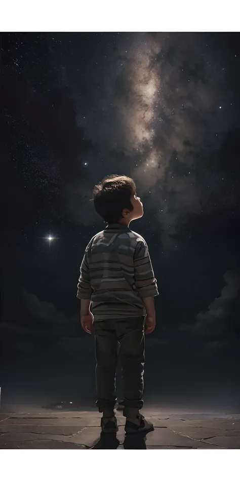 Change child to a 14-year-old, Looking Up The Sky, de costas, in the nighttime