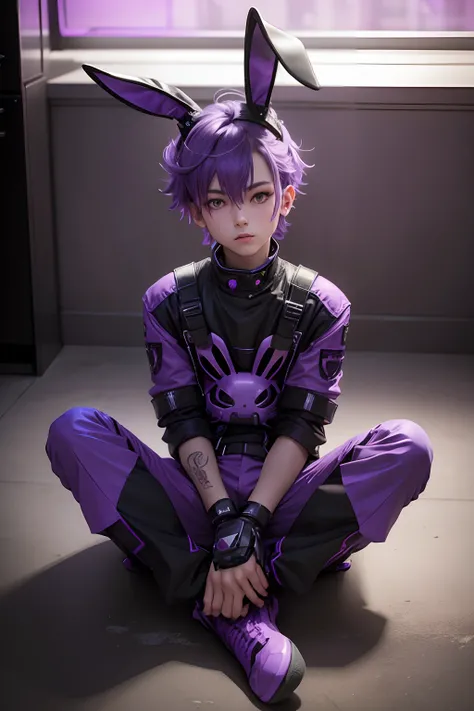 the bunny boy half robot, purple hair, sit pose, dark room