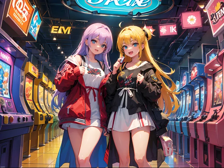 ((tmasterpiece))，((best qualtiy))，((The is very detailed：1.3))， Boys and girls in the popular arcade arcades of the 90s, Play Street Fighter fighting game with passion, Rooms with arcades and neon lights , neonlight，They stand in front of an arcade machine...