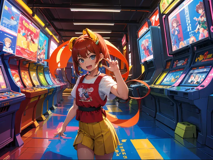 ((tmasterpiece))，((best qualtiy))，((The is very detailed：1.3))， Boys and girls in the popular arcade arcades of the 90s, Play Street Fighter fighting game with passion, They stand in front of an arcade machine with a color display, Showcase the games excit...