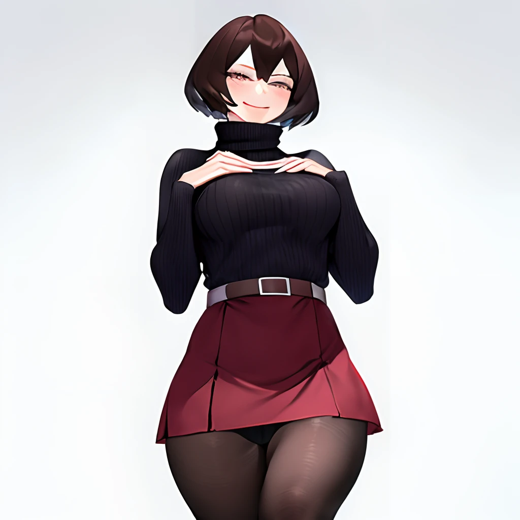 Mandalay, 1girl in, Solo, Looking at Viewer, Smile, Short hair, Skirt,  Simple background, Brown hair, Long sleeves, White background, hair between eye, Brown eyes, pantyhose, Cowboy Shot, Belt bag, Sweaters, Black pantyhose, turtle neck, , Ribbed sweater,...