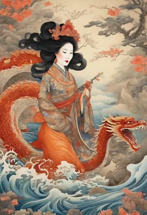 A Chinese woman and her dragon pets, bright lighting, flowering dress, intricate details, sharp focus, dynamic pose, complex background, fantasy landscape, light, intricate, filigree, clarity, dynamic lighting, clarity, high quality, sharp focus, realistic...