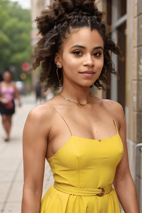 photo of beautiful caucasian woman, zazie photorealistic, afro bun, absurdres, yellow dress, street