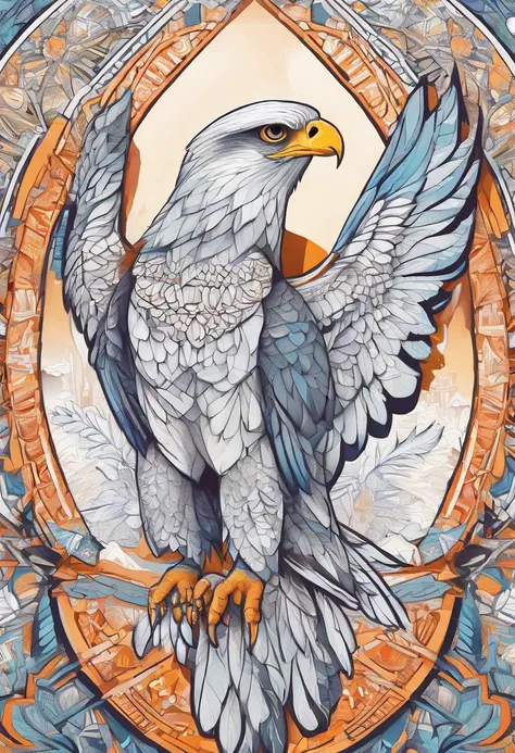 Vivid color drawing of white falcon mandala