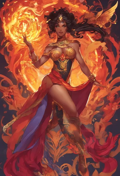 Nawra, tall dark-skinned Arab girl with black hair ponytail, yellow eyes, and a red magical girl outfit, tall, athletic, strong, fit, muscular, fire!! full body, appears as the fire goddess, fire goddess, nico robin, hot fire goddess, she has fire powers, ...