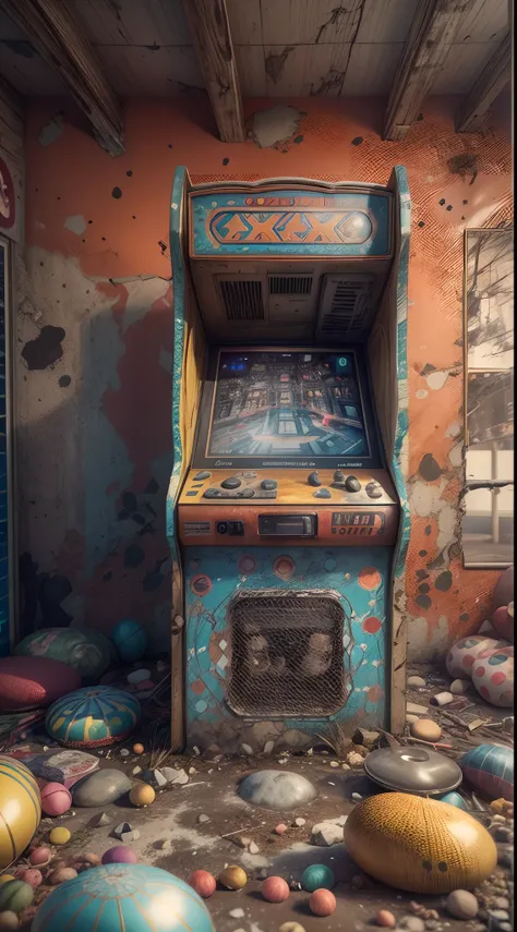 3D rendering of (arcade machine in the middle of an empty house), (arcade machine: 1.37), (center), (doomsday town), (shabby chairs, fewer legs), cigarette butts all over the floor. melon seed skin, garbage, dirty, tattered, retro, nostalgia, doomsday play...