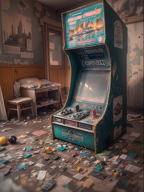 photore (Close-up of an arcade machine in a house in the 1970s), (Arcade: 1.37), Game hall in the 1970s, （Dilapidated chairs without chair legs and cigarette butts all over the floor. Melon seed skin, garbage）, Retro, Nostalgic,,Game scene graph,Antique,Ru...