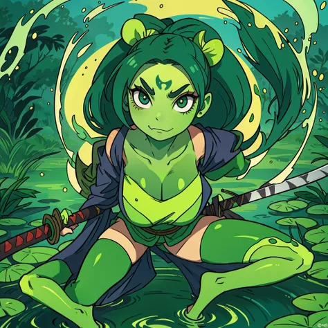 frog woman, green skin, big eyes, katana sheathed to her back, smug mouth, jagged eyes, in a pond, on top of a humongous Lili pad in a ninja pose