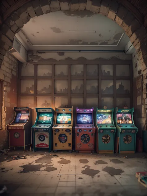 （A game hall in a small Chinese town in the 1970s), (Arcade consoles: 1.3), ）, A masterpiece photographed in 1978《Space invaders（Space invaders）》, Retro, Nostalgic,,Game scene graph,Antique,Rustic,historic,retrowave,circuit,Etched tiles,rendering by octane...