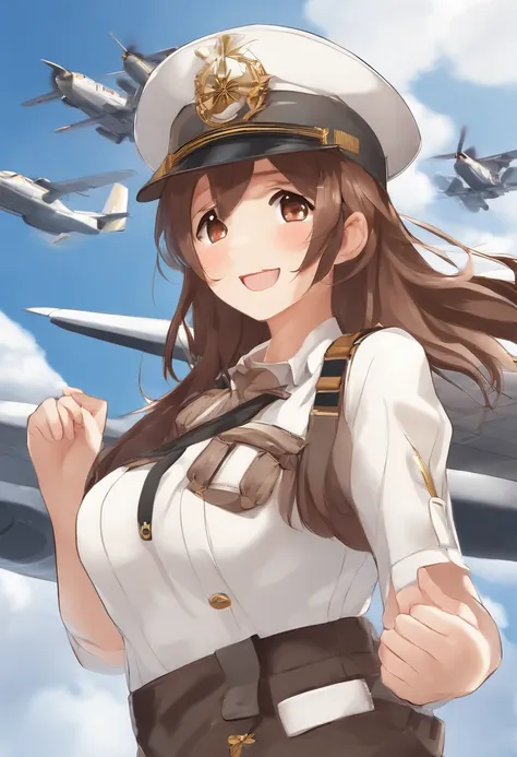 1girl in, Ryujō (kancolle), Solo, Brown hair, Twin-tailed, Brown eyes, Visor Cap, magatama, Open mouth, aircraft, Smile, Planes, White background, komono, Simple background, kariginu, Upper body, Long hair