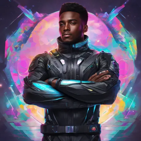 A black man with his arms crossed, Head held high wearing black astronaut jacket, em um mundo futurista e colorido