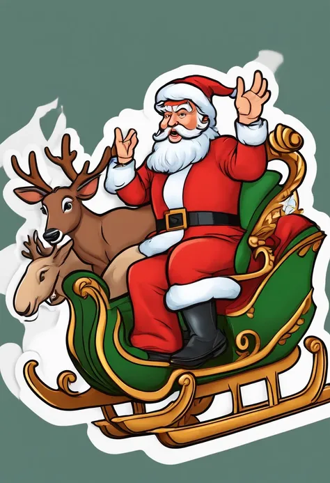 Cartoon sticker of Trump dressed as Santa Claus driving a sleigh with 4 reindeer.