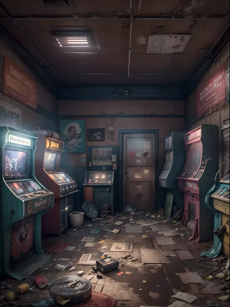 photore (The arcade is arranged in the middle of an empty house), (Arcade: 1.37), （at centre），（Doomsday Town）, （Shabby chairs，Fewer legs），Cigarette butts are all over the floor. Melon seed skin, garbage, Dirty, Tattered, Retro, Nostalgia, Doomsday play are...