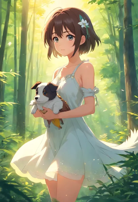 (Best quality,highr:1.2),Fotorrealista,anime big breast,A princess,girl,white dresses,small,adolable,Cartoon dog,(The low girl holds a wounded bird)Rio Claro in your hands,ln the forest,rays of sunshine,Eye contact