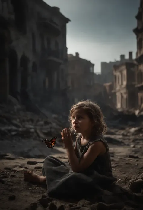 Ultra-realistic depiction of a little girl, sitting with sorrow, agony, ((dried tears drops)), messy and curl hair, dusty face and cloth,(( a destructed city in background, fire, ((human corpse on ground)), some people are crying, destroyed building)), a b...