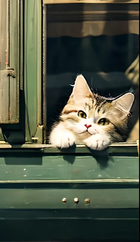 cat stuck to the window of a large ship