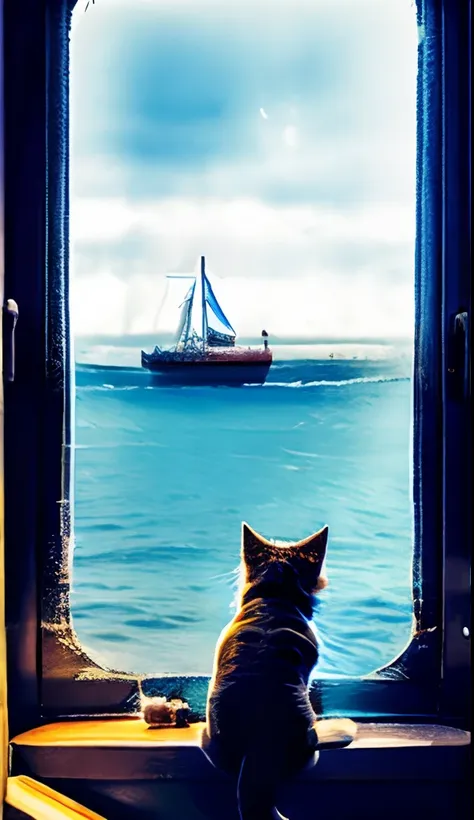 cat stuck to the window of a large ship