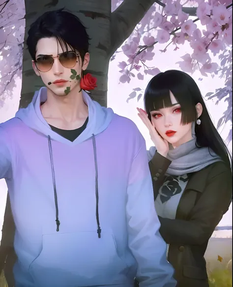 Woman on right, red eyes, black hair, red lips woman, scarf, full red eyes, man on left, shades, biting rose on the left, rose, black hair, hoodie, handsome on the left, couple pose, there are two people, sakura tree background, boy with rose on the mouth