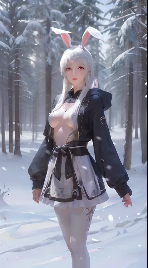 1girll, Bunny ears, White hair, Slim waist and legs, Long legs, very small breast, Fair skin, Full hood sweater, White pantyhose, deadpan, Upper body, in snow, forest, photography：Canan EOS R6, 135mm, 1/1250s, f/2.8, ISO 400