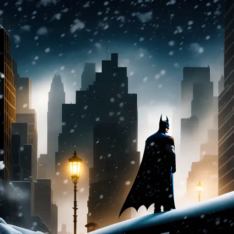 Gotham a noite com lua cheia no natal, Batman standing on a building with realistic snow, batman with Natalino hat, fim de ano com neve, gotham vista de cima noite com neve, batman ben affleck na neve, noite com lua cheia