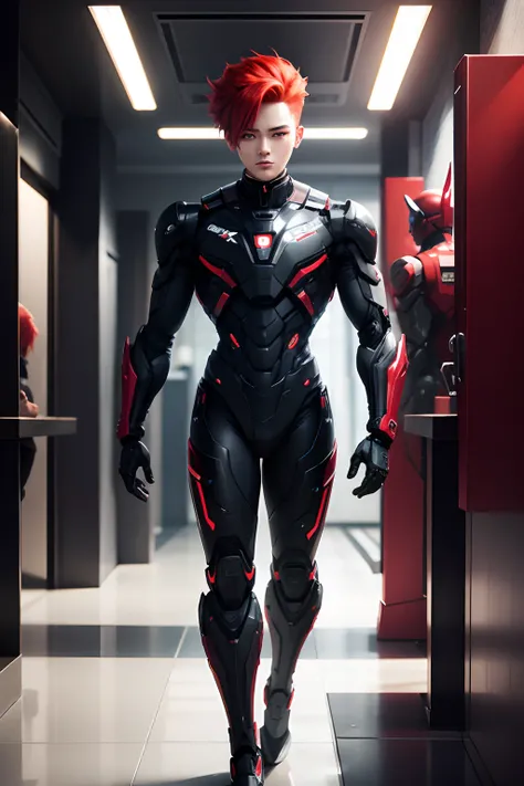 fox kpop boy half robot, red hair, dark room, formal roboticsuit