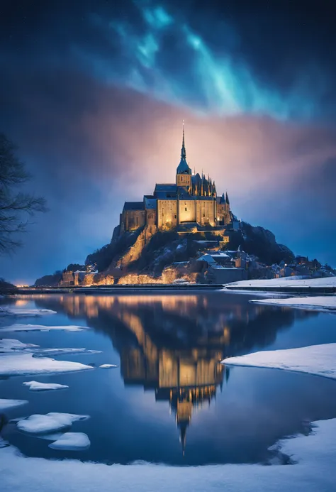 (high quality,4k,8k,highres,masterpiece:1.2),ultra-detailed,(realistic,photorealistic,photo-realistic:1.37),Mont-Saint-Michel reflection on frozen water,night,castle,water,icy reflection,glowing lights,frozen river,mystical aura,majestic,ethereal,Aurora Bo...