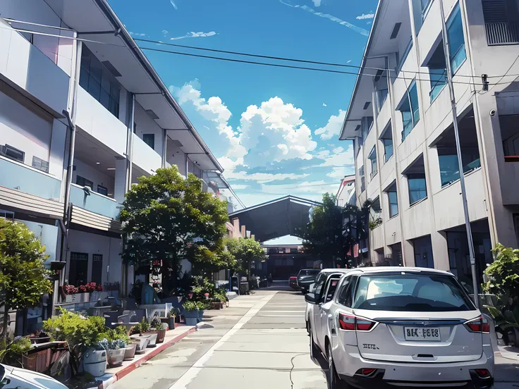 cars parked in front of a modern building, centre image, full building, two building facing eacth other, full - view, outside view, multistory building, mid-view, exterior view, white building, white painted building, painted building, building facing, fro...