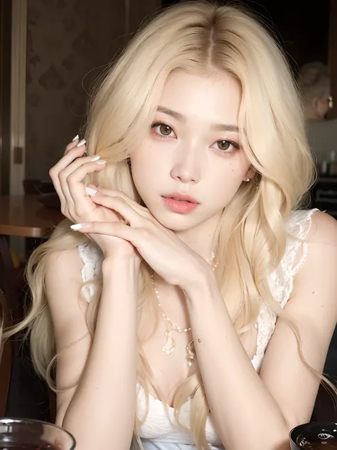 mujer rubia con pelo largo sentada en una mesa con una copa de vino, Parque Roseanne de Blackpink, ulzzang, cabello rubio muy, very pale, pale fair skin!!, maquillaje popular de Corea del Sur, pale skin curly blond hair, Jinyoung Shin, Jaeyeon Nam, Heonhwa...