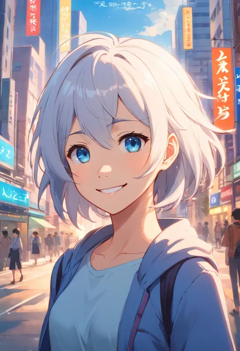 A girl, white hair, blue eyes, valkyrie from heaven, light armor, smile, happy, stunning, beautiful, transformed into an anime style, with exaggerated unique facial features and clothing, standing on a bustling city street, backlit background highlighting ...