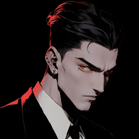 um close up de um homem de terno e gravata com olhos vermelhos, cara bonito na arte demon slayer, Tecnologia batida. Neo Estilo Preto, Neo Estilo Preto, hes very menacing and evil, estilo anime masculino, homem bonito anime, handsome japanese demon boy, ke...