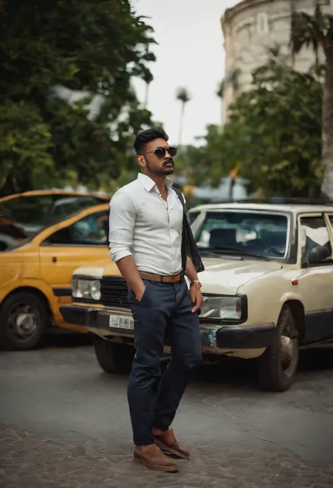 araffe man walking down a street with a mailbox in his hand, mohamed chahin style, casual photography, full body photogenic shot, stylish pose, wearing stripe shirt, with a cool pose, taken with canon 8 0 d, casual pose, modeling shoot, photo taken with ca...