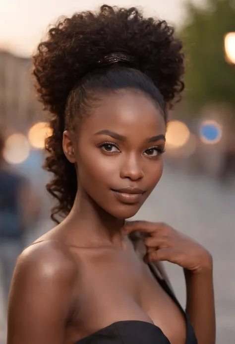 ((Dark African skin, Very deep ebony skin)), ((Its beauty is undeniable)), ((Excited cute face)), ((Hyper detailed perfect eyes,)), ((pose mignonne)), ((Langue sortie)), ((Seductive )), sexy, ((tailleur femme , sexy)), ((Afro ponytail with long African cur...