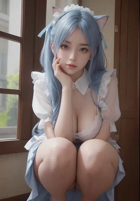 1girll， 独奏， nedium breasts， looking at viewert， Be red in the face， short detailed hair， eBlue eyes， hair adornments， shift dresses， Ribbons， Huge breasts，DEEP-V COLLAR，Open chest，Upper chest， blue hairs， Hair ribbon， exteriors， No sleeves，Expose your arms...