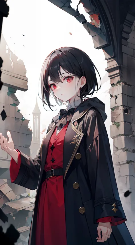 "Magnificent and unforgettable atmosphere, In the crumbling ruins, Resilient polar woman figure with short black hair and shiny red eyes,, exude a little sadness."Grim Reaper Behind，