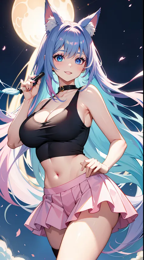 Grown-up girl, Fox ears, Fox tails, Long blue hair with pink tips, Heterochromia, The left eye is blue, Right Eye Pink, blue eye shadow, pink lipstick, black tank top, Upskirt, open belly, pop-idol, Huge-breasts, Smile, Masterpiece, hiquality, 4k, HD, Good...