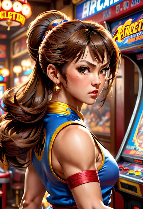 A girl with hair from the 80s, vintagestyle, Play arcade games in nostalgic arcades, Reminisce about the past, Reminiscent "The King of Fighters 97", Chun-li fights, Show off her powerful movements. (Best quality,4K,8K,A high resolution,Masterpiece:1.2), U...