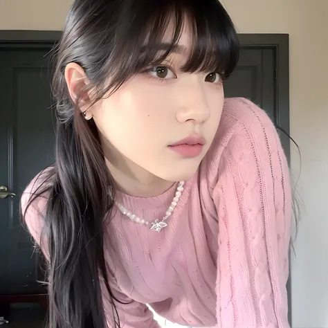 A closeup of a woman with long hair wearing a pink sweater, Ela tem cabelo preto com franja, com franja, cabelo arrumado com franja, Bae Suzy, Jinyoung Canela, com franja completa, franja fofa, wan adorable korean face, franja contundente cai em sua testa,...