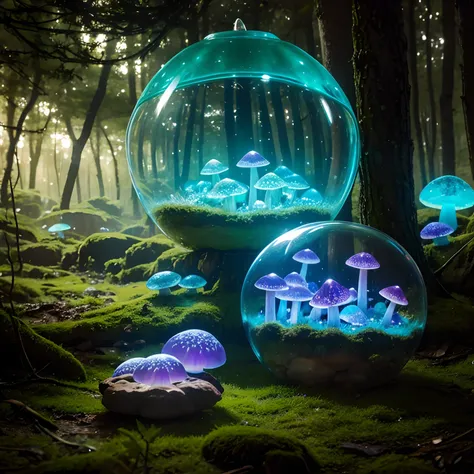 Holography translucent mushrooms in a woodland setting, raw style