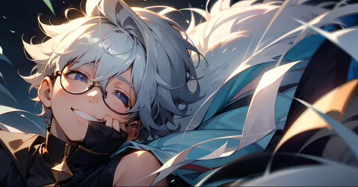 (Male child, eye glasses,A smile, silber hair)