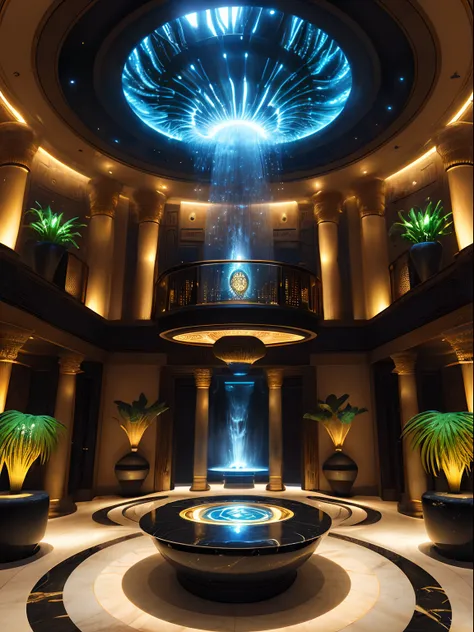 Incredibly luxurious futuristic interior，Ancient Egyptian style，There are many (((Plantas exuberantes))) (lotuses), ((palmeiras)), paredes rochosas, ((Sand)), ((Waterfalls)), (marbled), ((minerais preciosos)), ((metals)), (Gemstones), crystals, nuvens e ((...