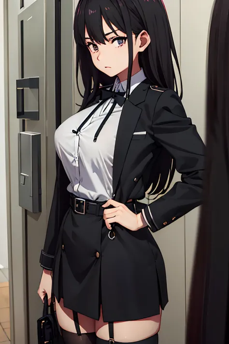 Suit,Collared shirt,Belt bag,Suspenders Black Miniskirt　garterbelts　knee high　Stockings　Black Niso　Colorcon armpit sweat　perspiring　Side of both hands,Black jacket,Gaze,ample bosom,Armpit sweat,Exposing the armpits"Tight clothes、Cuffed、wristbands