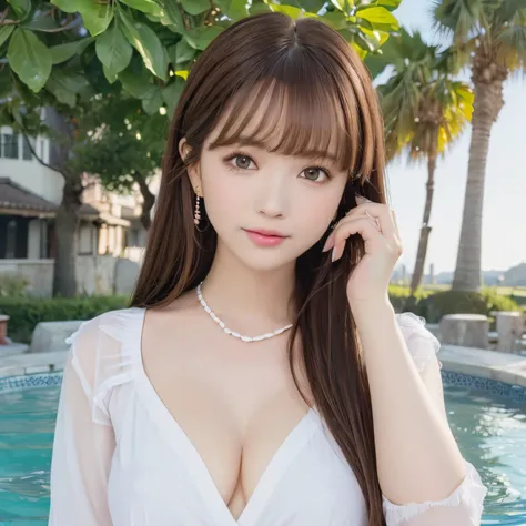 pureerosface_v1, top-quality, Photorealsitic, 8K, hight resolution, ２People Girls, femele, (Skindentation), (portlate:0.6), a gorgeous, dynamicposes, ((poolsidebackground:1.6)), coconut tree, ((Medium Size Round Breast, White blouse:1.4)), straight look at...